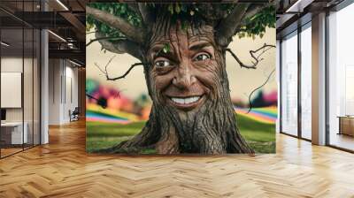 A tree with a face painted on it and rainbow colors, AI Wall mural