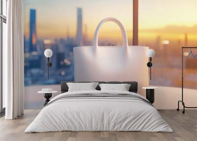 A white bag on a table with city lights in the background, AI Wall mural