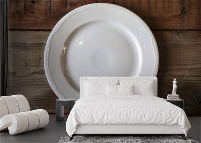 A white plate sitting on top of a wooden table, AI Wall mural