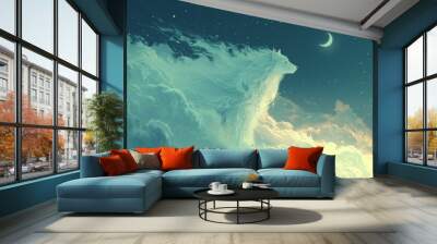 A white wolf in the clouds with a crescent moon above, AI Wall mural