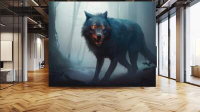 A wolf with glowing eyes walking through a forest. Generative AI image. Wall mural