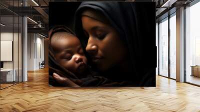 A woman holding a baby in her arms with dark background, AI Wall mural