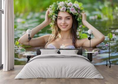 A woman in a floral crown floating on water with candle, AI Wall mural