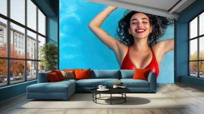 A woman in a red bikini floating on her back, AI Wall mural