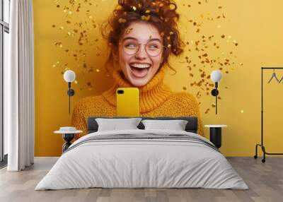 A woman in a sweater holding up her phone and smiling, AI Wall mural