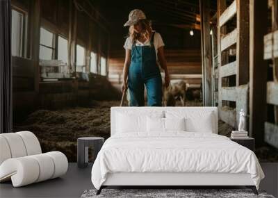 A woman in overalls with a shovel cleaning up hay, AI Wall mural