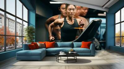 A woman running on a treadmill in front of two other women, AI Wall mural