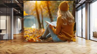 A woman sitting on a park bench reading an open book, AI Wall mural