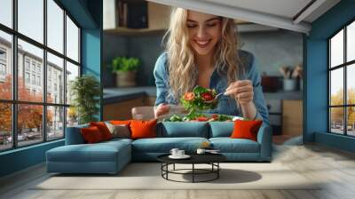 A woman smiling while eating a salad with tomatoes and lettuce, AI Wall mural