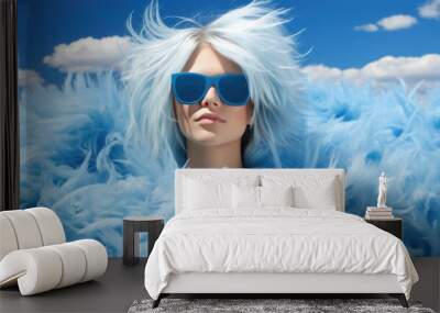 A woman with blue sunglasses and a fluffy blue coat. Generative AI image. Wall mural