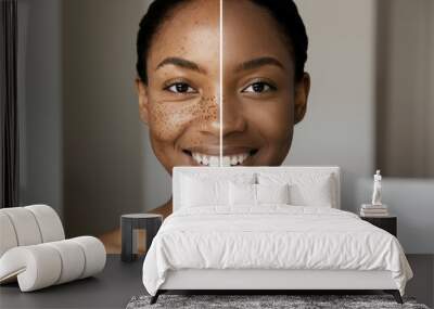 A woman with freckles and a smile before and after, AI Wall mural