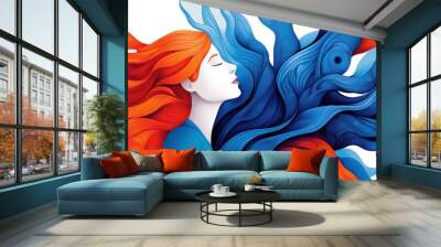 A woman with red hair and blue eyes is surrounded by swirling orange, purple and white, AI Wall mural