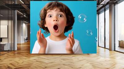 A young boy with a surprised look on his face as he looks at bubbles, AI Wall mural