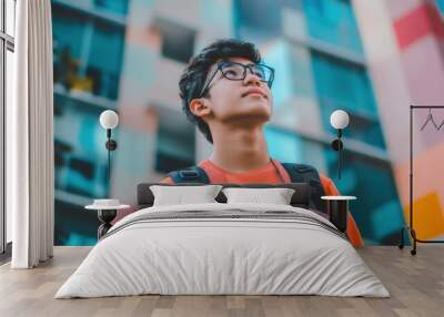 A young man with glasses and backpack looking up at the sky, AI Wall mural