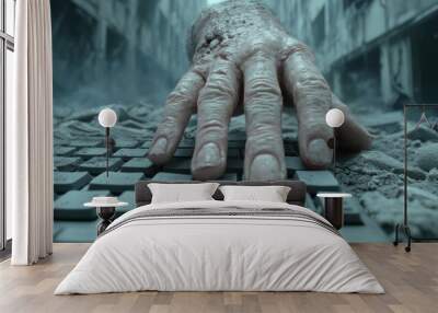 A zombie hand reaching for a keyboard in the rubble, AI Wall mural