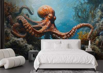 An octopus swimming in a sea of coral and rocks, AI Wall mural