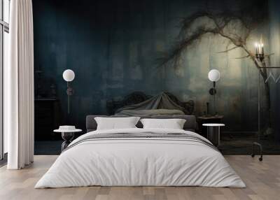 An old bedroom with a bed and a tree, AI Wall mural