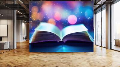 An open book on a table with a bright light, AI Wall mural