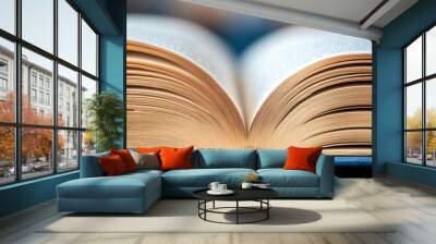 An open book with a blue background and white pages, AI Wall mural