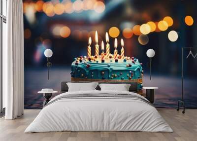 Birthday cake with candles on the street in blurred background, AI Wall mural