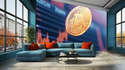 Bitcoin symbol floating against a digital stock market graph, AI Wall mural