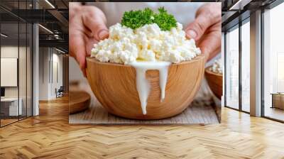 Cottage cheese in a wooden bowl with fresh parsley garnish, AI Wall mural