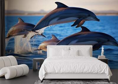 Dolphins jumping out of the water, AI Wall mural