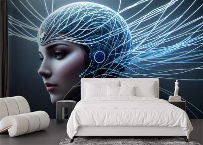 Futuristic concept of interaction between artificial intelligence and human being, machine learning, new technologies, information services, assistance. AI generative illustration Wall mural