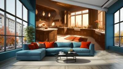 Luxurious kitchen interior in a modern royal palace, in light of sunset. AI generated Wall mural