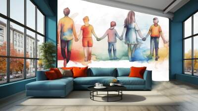 Rainbow row of young adult people with children holding hands of their neighbors, concept of friendship and family, watecolor illustration isolated on white, AI generative image Wall mural