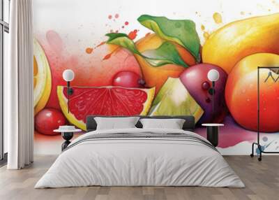 Row of whole and sliced fruits, concept watecolor banner illustration isolated on white, AI generative image Wall mural