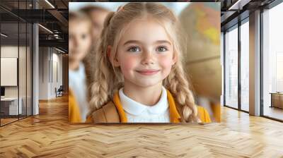 Smiling young girl with braided hair stands in a classroom near a globe, AI Wall mural