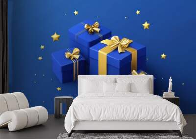 Three blue gift boxes with gold stars on a blue background, AI Wall mural