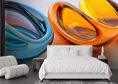 Three colorful glass bowls sitting on a white surface with one bowl in the middle, AI Wall mural