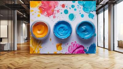 Three paint cans with different colors of paints on a white surface, AI Wall mural