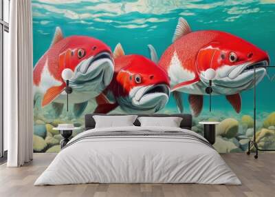 Three red fish swimming in a body of water with rocks, AI Wall mural