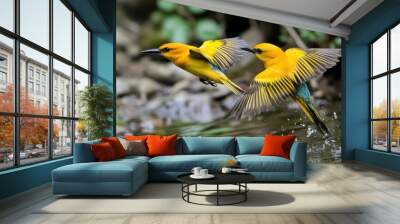 Two birds flying over a body of water with rocks and plants, AI Wall mural