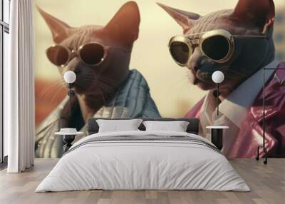 Two cats wearing sunglasses and jackets. AI Wall mural