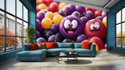 Two characters are surrounded by grapes and other fruit, AI Wall mural