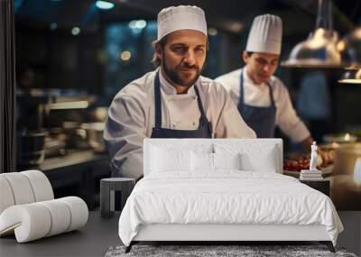 Two chefs in a kitchen preparing food for customers, AI Wall mural