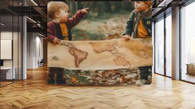 Two children holding a map in the woods. Generative AI image. Wall mural