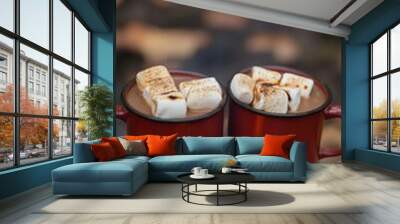 Two cups of hot chocolate sitting on top of a fire, AI Wall mural