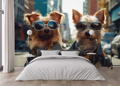 Two dogs wearing sunglasses on a city street. AI Wall mural