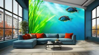 Two fish swimming in a blue water with green grass, AI Wall mural