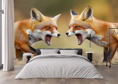 Two foxes are fighting each other in a field, AI Wall mural