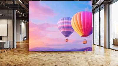 Two hot air balloons flying in the sky with mountains behind them, AI Wall mural