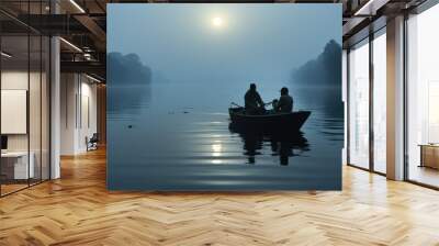 Two people in a small boat on a body of water. Generative AI image. Wall mural