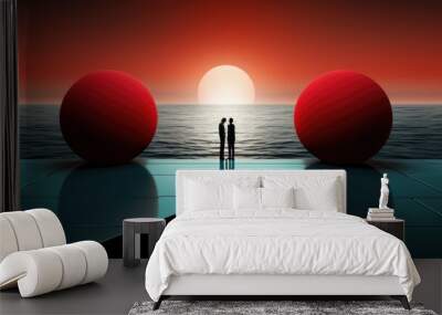 Two people standing in front of two red spheres. Generative AI image. Wall mural