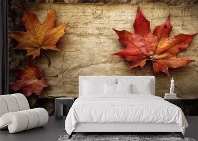 Two red leaves are sitting on a piece of paper, AI Wall mural