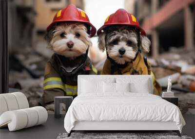 Two small dogs wearing fireman outfits, AI Wall mural